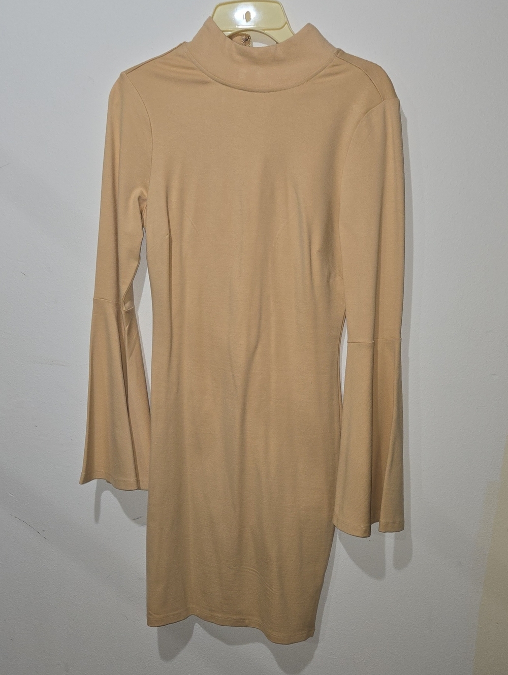 VENUS Camel Mock Neck Long Sleeve Bell-Sleeve Dress